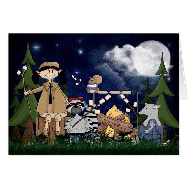 Camping Scout Girl with Raccoon and Opossum (Front Horizontal)