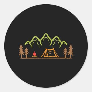 Camping Site Tent Trees Mountain Minimalistic Classic Round Sticker