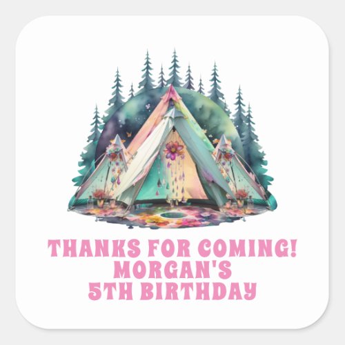 Camping Sleepover Birthday Party Favor Square Sticker