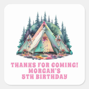 Camping Sleepover Birthday Party Favor Square Sticker