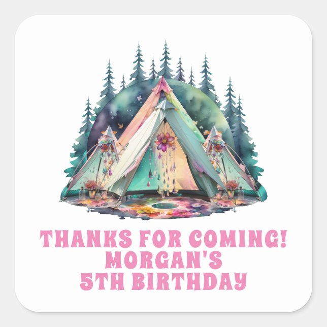 Camping Sleepover Birthday Party Favor Square Sticker (Front)