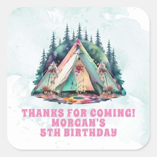 Camping Sleepover Birthday Party Favor Square Sticker