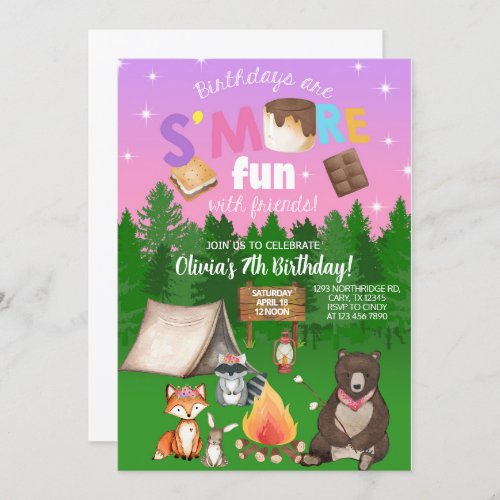 Camping smore fun girl birthday invite invitation