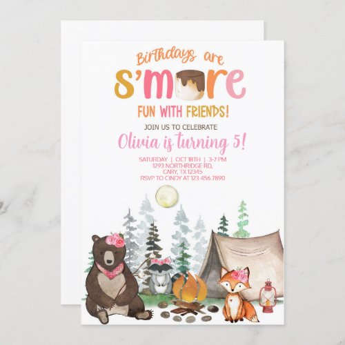 Camping smore fun girl birthday invite invitation