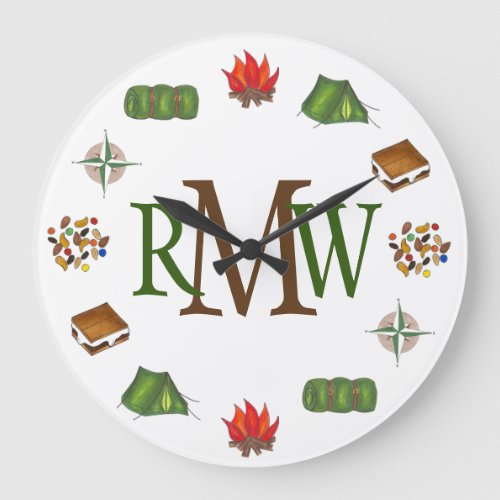 Camping Smores Tent Fire Compass Monogram Large Clock