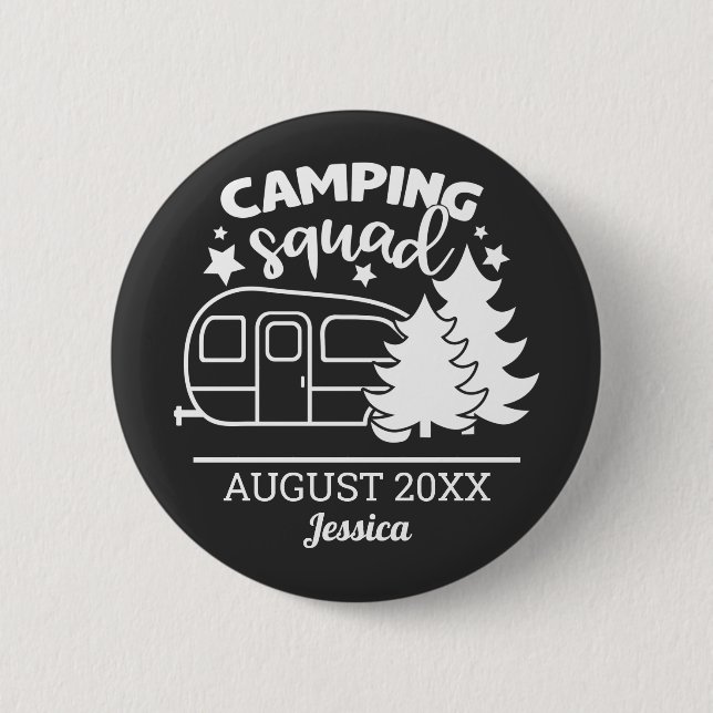 Camping squad family reunion w/ trailer & pines button (Front)