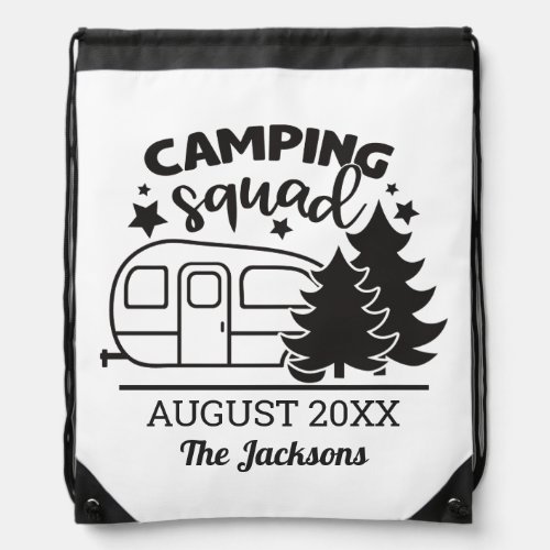 Camping squad family reunion w trailer  pines drawstring bag