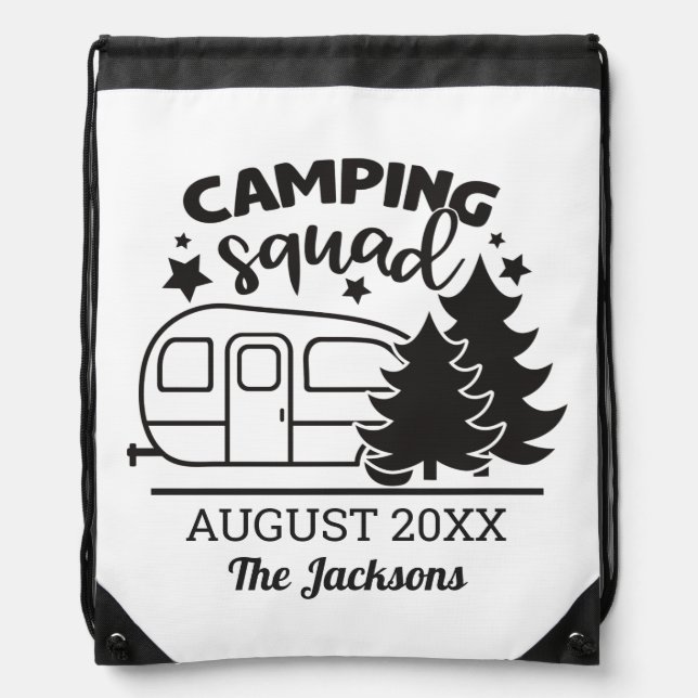 Camping squad family reunion w/ trailer & pines drawstring bag (Front)
