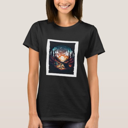 Camping Sunset Backpacker Natural Tent Scout T_Shirt