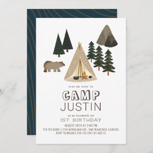 Camping Tent Bear Boy 1st Birthday Invitation