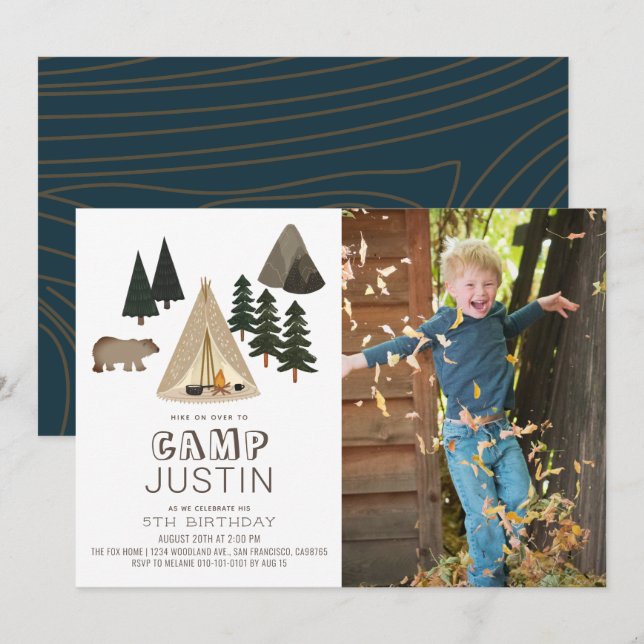 Camping Tent Bear Boy Birthday Photo Invitation (Front/Back)