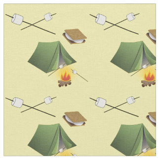 Camping Tent, Campfire and Smores Pattern Fabric