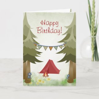 Camping, Tent, Campfire, Flowers Woodland Birthday Card