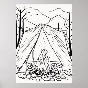 Camping Tent Campfire Line Art T Shirt Outdoor Adv Poster