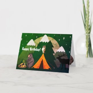 Camping Tent Forest Animals and Mountains Birthday Card