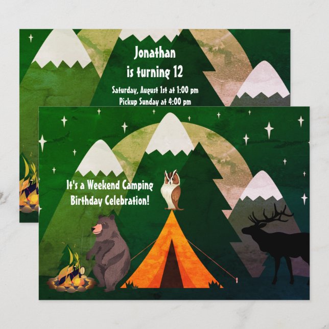 Camping Tent Forest Animals and Mountains Birthday Invitation (Front/Back)