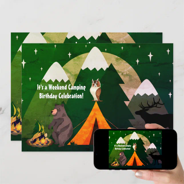 Camping Tent Forest Animals and Mountains Birthday Invitation | Zazzle