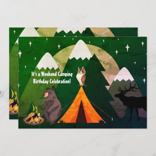 Camping Tent Forest Animals and Mountains Birthday Invitation