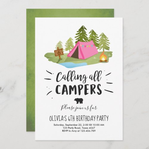 Camping Tent Invitation Birthday Camp out Girl