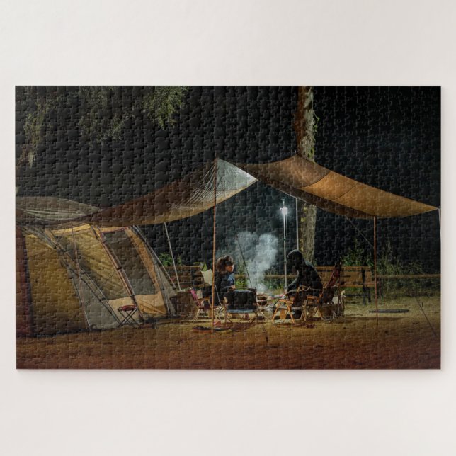 Camping Tent Night Nature Outdoor Forest Cook Fire Jigsaw Puzzle (Horizontal)