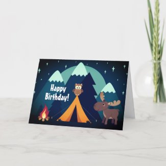 Camping, Tent, Woodland Animals Mountain Birthday Card