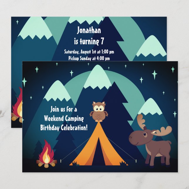 Camping, Tent, Woodland Animals Mountain Birthday Invitation (Front/Back)