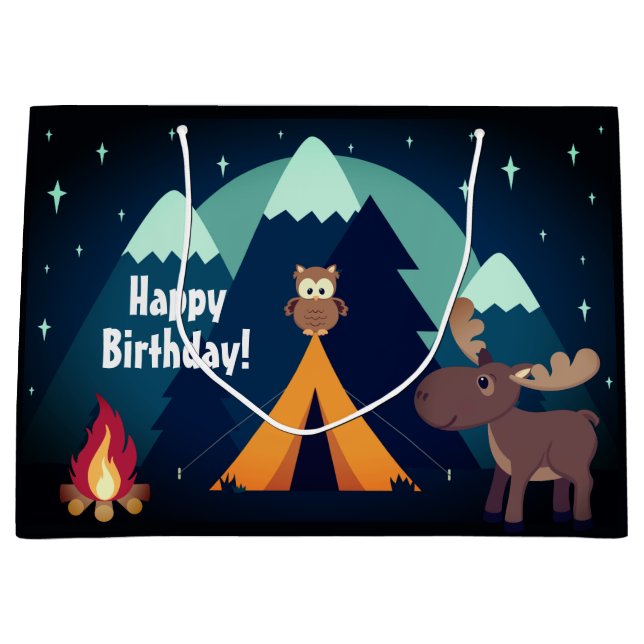 Camping, Tent, Woodland Animals Mountain Birthday Large Gift Bag (Front)