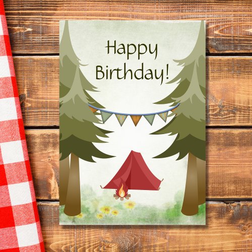 Camping Tents and Campfire Woodland Birthday Card