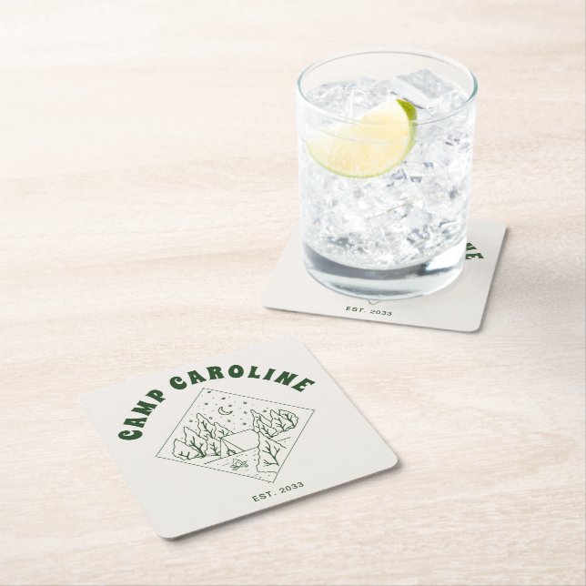 Camping Theme Bachelorette Party Green Square Paper Coaster (Insitu)