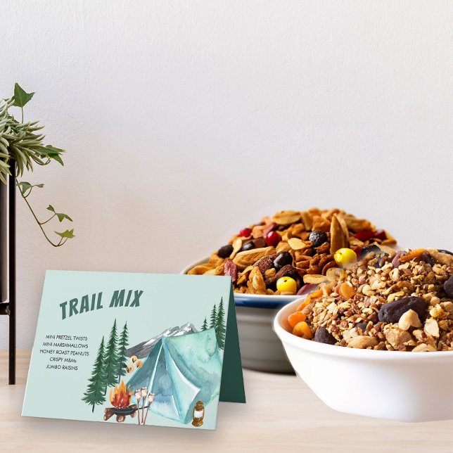 Camping Theme Editable Party Food Label Tent Sign Thank You Card (Trail Mix bar table tent sign with editable ingredients)