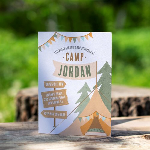 Camping Theme Outdoor Adventure Boy Birthday Party Invitation