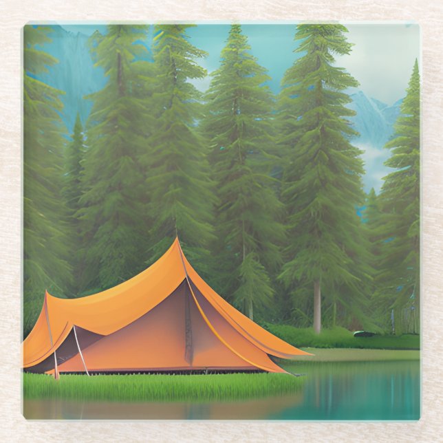 Camping Themed Art | Tent in the Woods on the Lake Glass Coaster (Front)