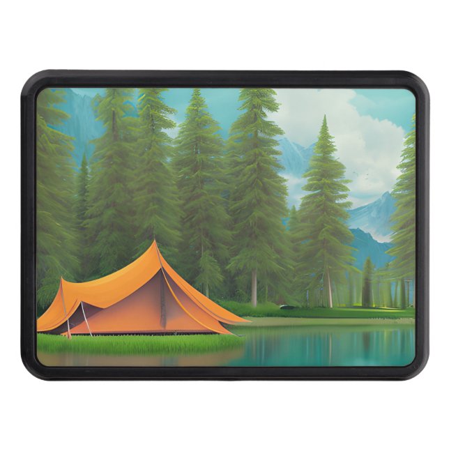 Camping Themed Art | Tent on the Lake in the Woods Hitch Cover (Front)