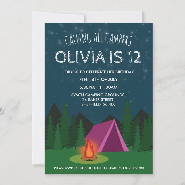 Camping themed birthday party invitation (Front)