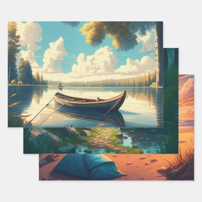 Camping Themed Birthday Wrapping Paper Sheets (Set)