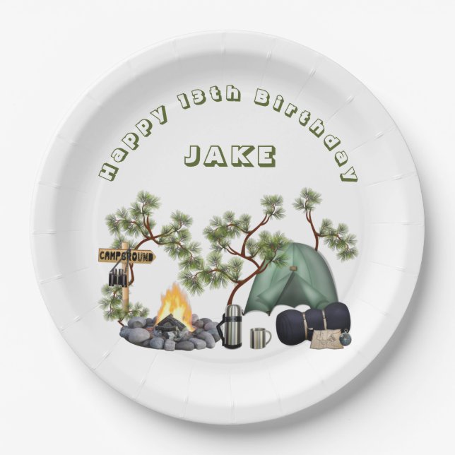 Camping Themed Happy Birthday Personalized Napkins Paper Plates (Front)