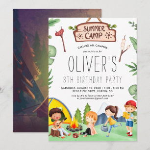 Camping Themed Kids Summer Camp   Birthday Party Invitation
