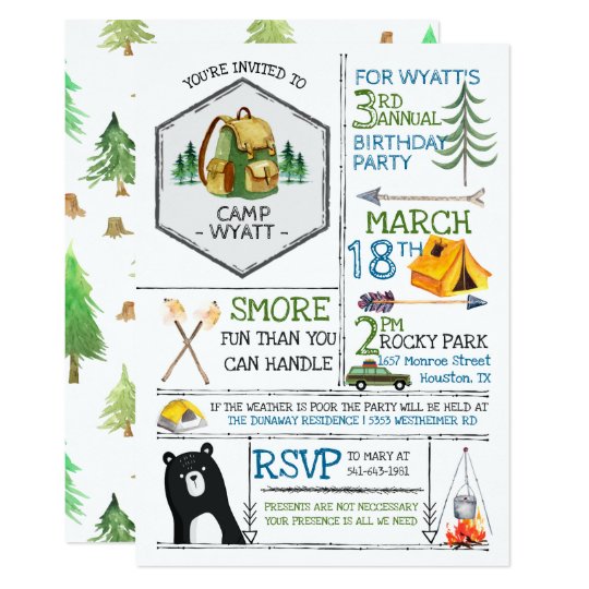 camping themed party badges