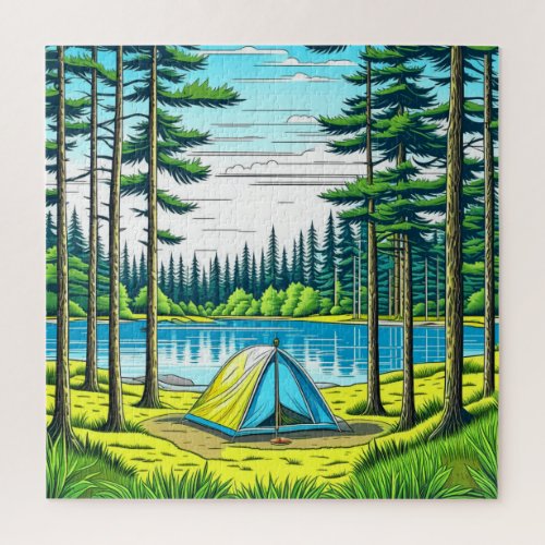 Camping Themed Tent in the Woods   Jigsaw Puzzle