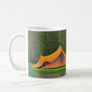 Camping Themed Tent on the Lake and Mountains Coffee Mug