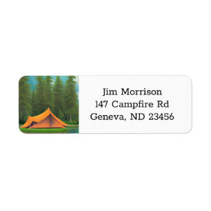 Camping Themed   Tent on the Lake and Mountains Label