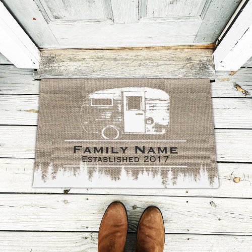 Camping Trailer Campers Family Name Burlap Doormat