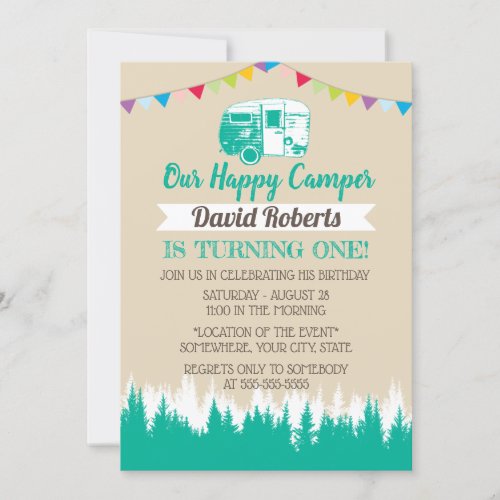 Camping Trailer Happy Camper Birthday Invitation