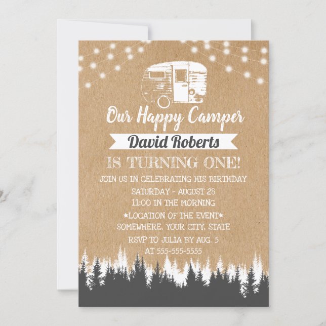 Camping Trailer Happy Camper Rustic Kraft Birthday Invitation (Front)