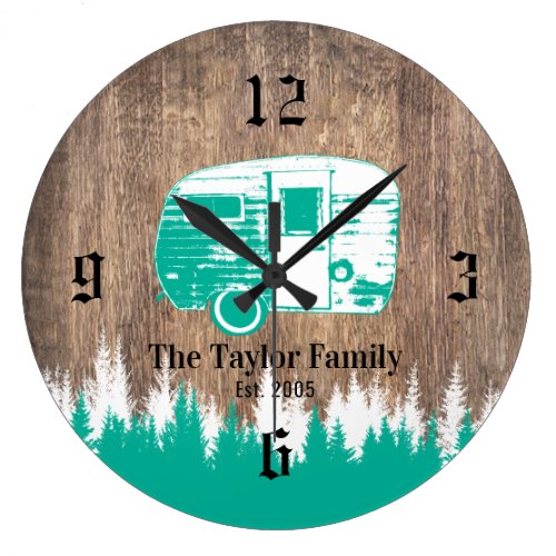 Camping Trailer Happy Campers Family Name Wooden Large Clock