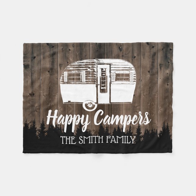 Camping Trailer Happy Campers Forest Rustic Wood Fleece Blanket (Front (Horizontal))