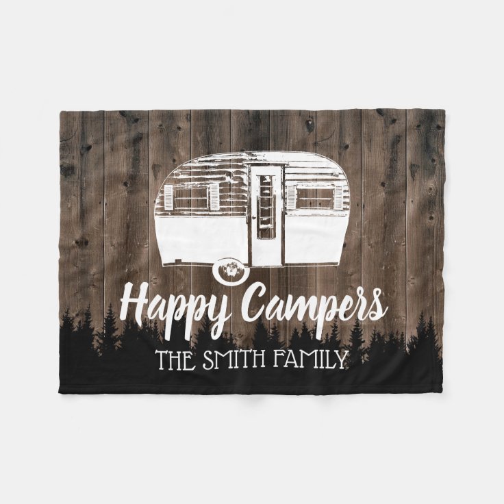 Camping Trailer Happy Campers Forest Rustic Wood Fleece Blanket Zazzle