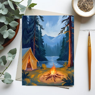Camping Trip Forest Campfire Tent Watercolor Postcard