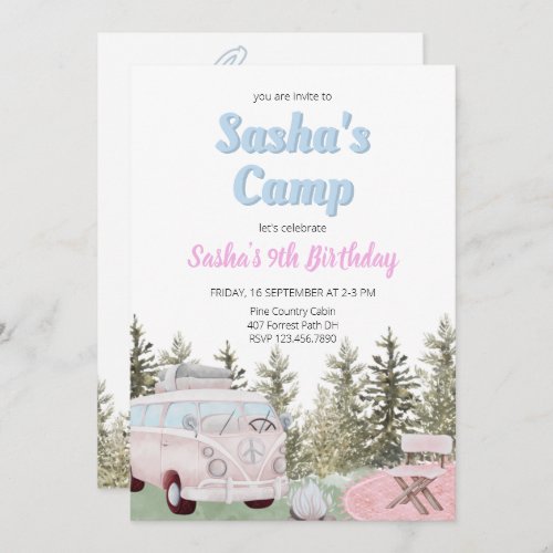 Camping Truck Forest Girl Birthday Invitation