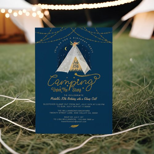 Camping Under the Stars Tepee Navy  Gold Birthday Invitation